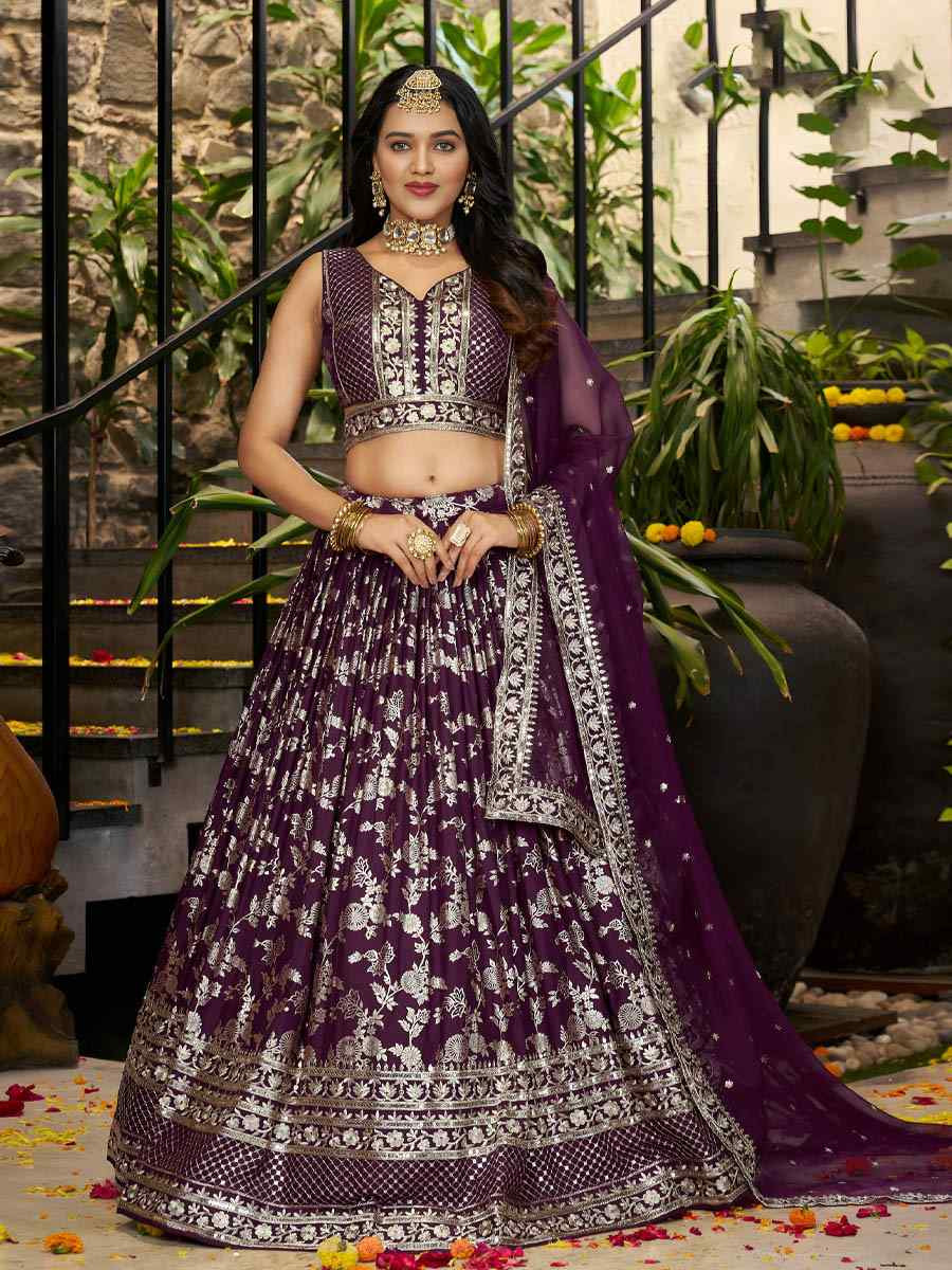 Wine Dola Silk Jacquard Embroidered Reception Wedding Bridal Lehenga Choli