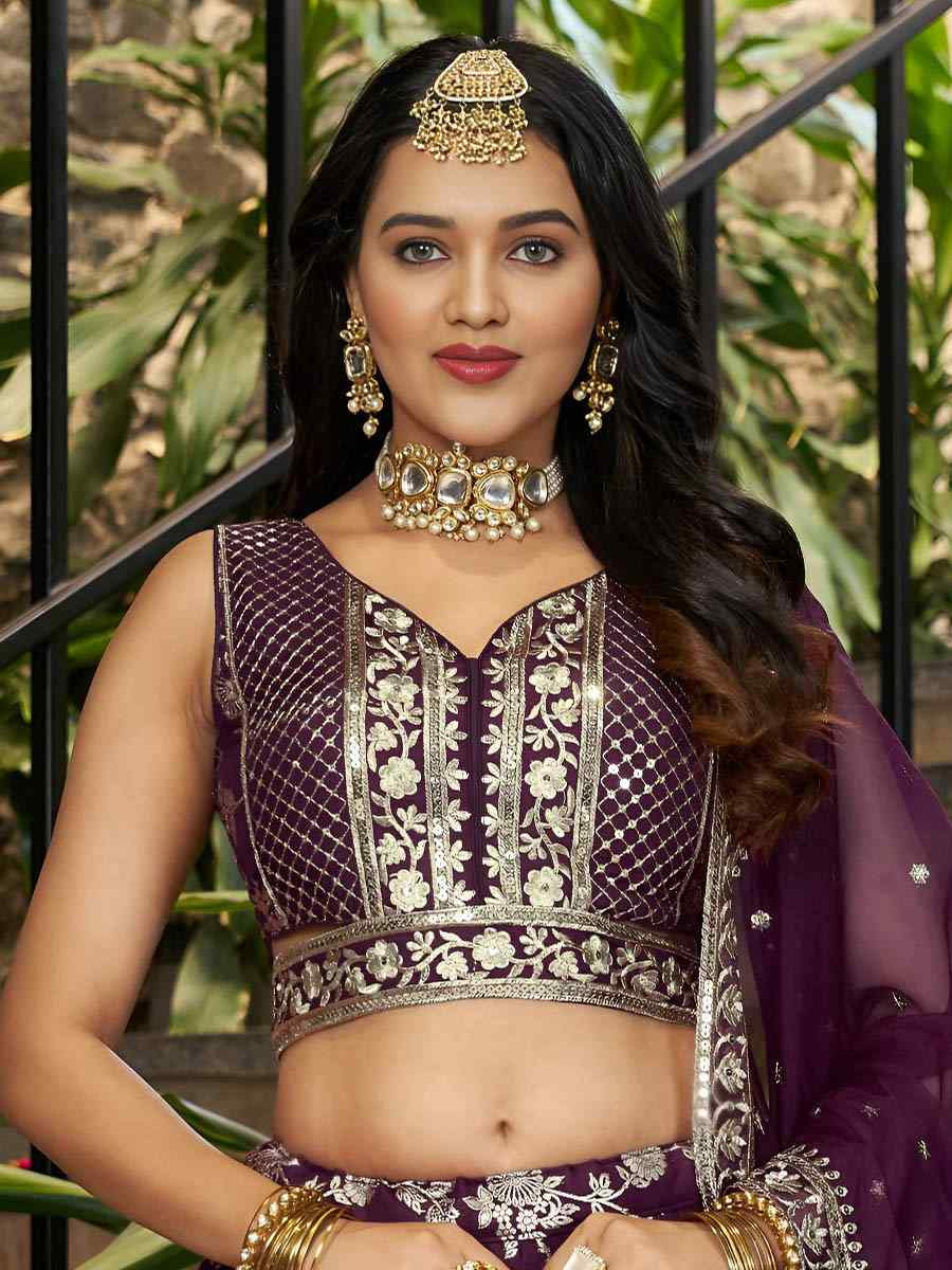 Wine Dola Silk Jacquard Embroidered Reception Wedding Bridal Lehenga Choli