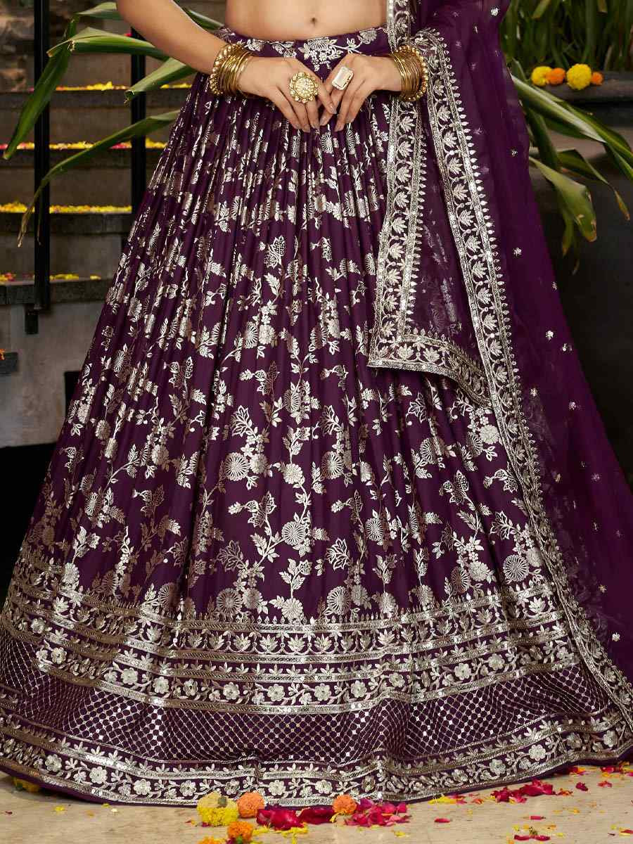 Wine Dola Silk Jacquard Embroidered Reception Wedding Bridal Lehenga Choli