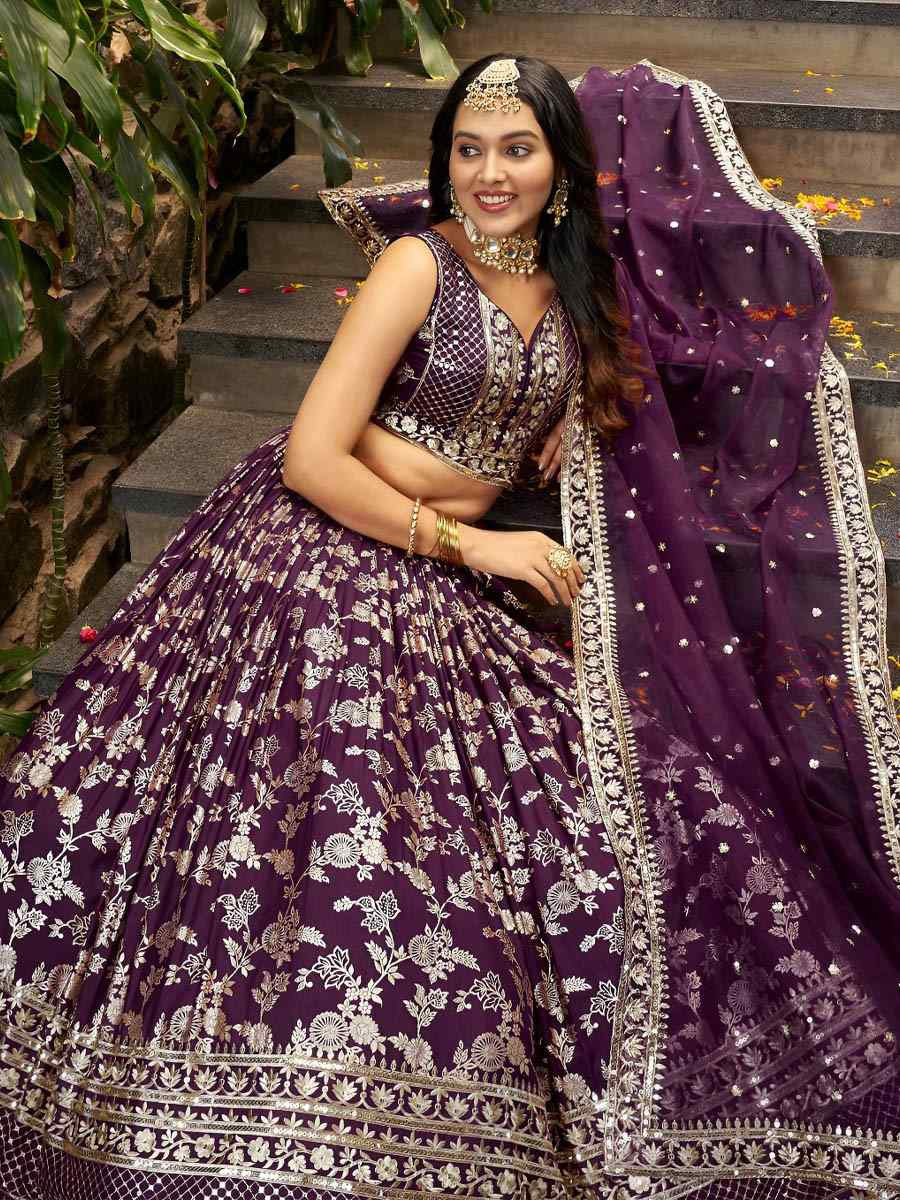 Wine Dola Silk Jacquard Embroidered Reception Wedding Bridal Lehenga Choli