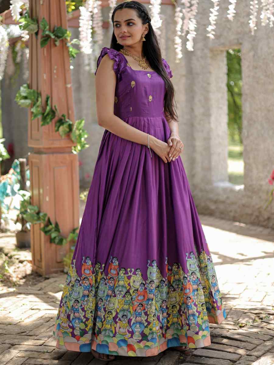 Wine Dola Silk Printed Festival Casual Gown