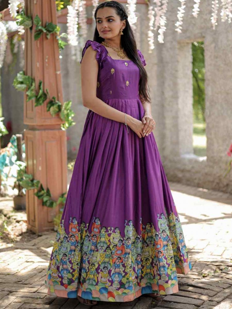 Wine Dola Silk Printed Festival Casual Gown
