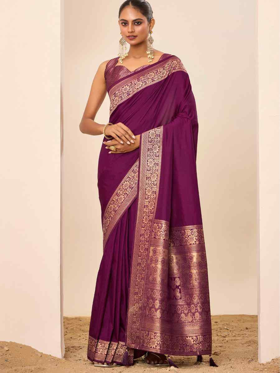 Wine Dolla Silk Handwoven Festival Wedding Fancy Heavy Border Saree