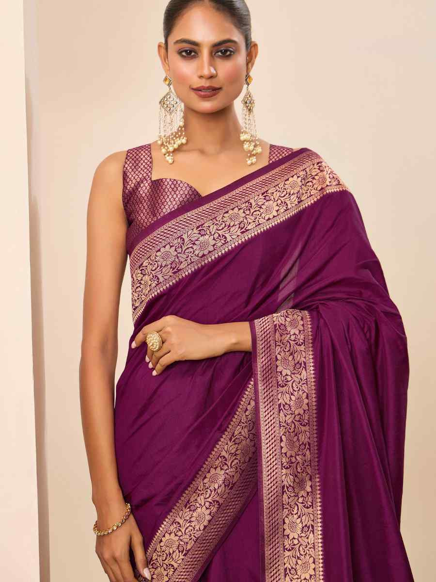 Wine Dolla Silk Handwoven Festival Wedding Fancy Heavy Border Saree