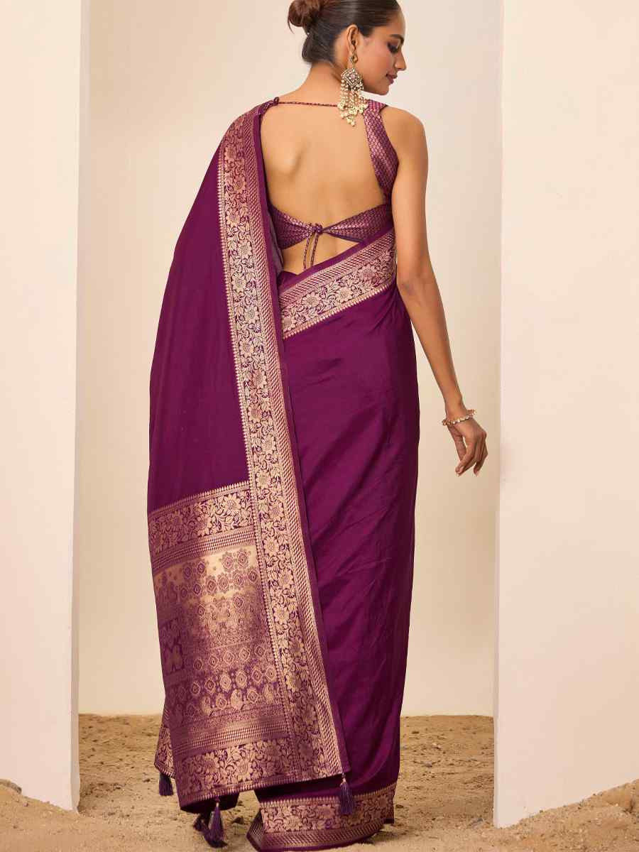 Wine Dolla Silk Handwoven Festival Wedding Fancy Heavy Border Saree