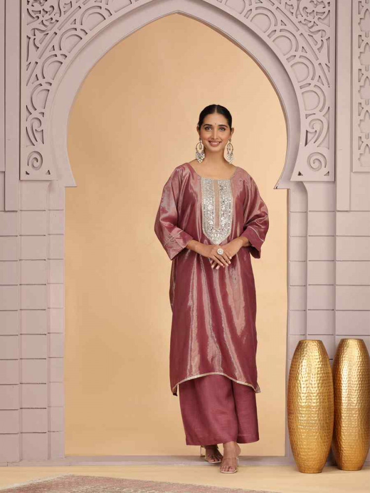 Image of Wine Embroidered Festival Casual Kurti with Bottom