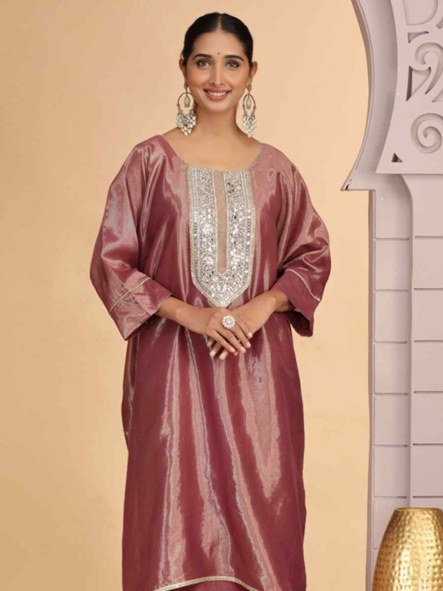 Wine Embroidered Festival Casual Kurti with Bottom
