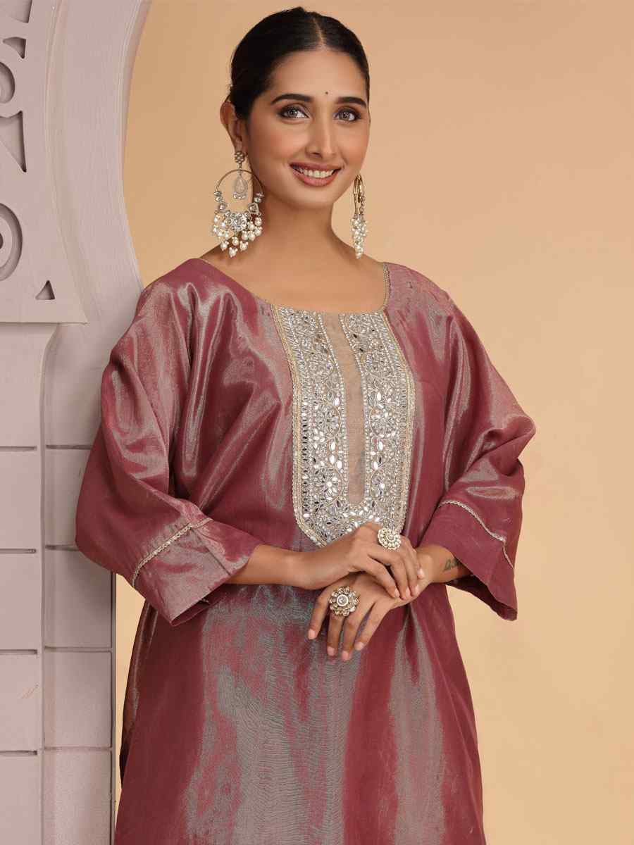 Wine Embroidered Festival Casual Kurti with Bottom