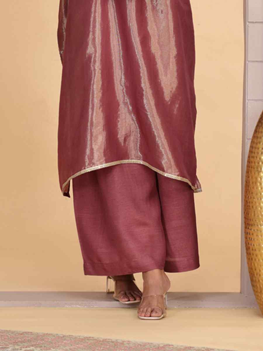 Wine Embroidered Festival Casual Kurti with Bottom