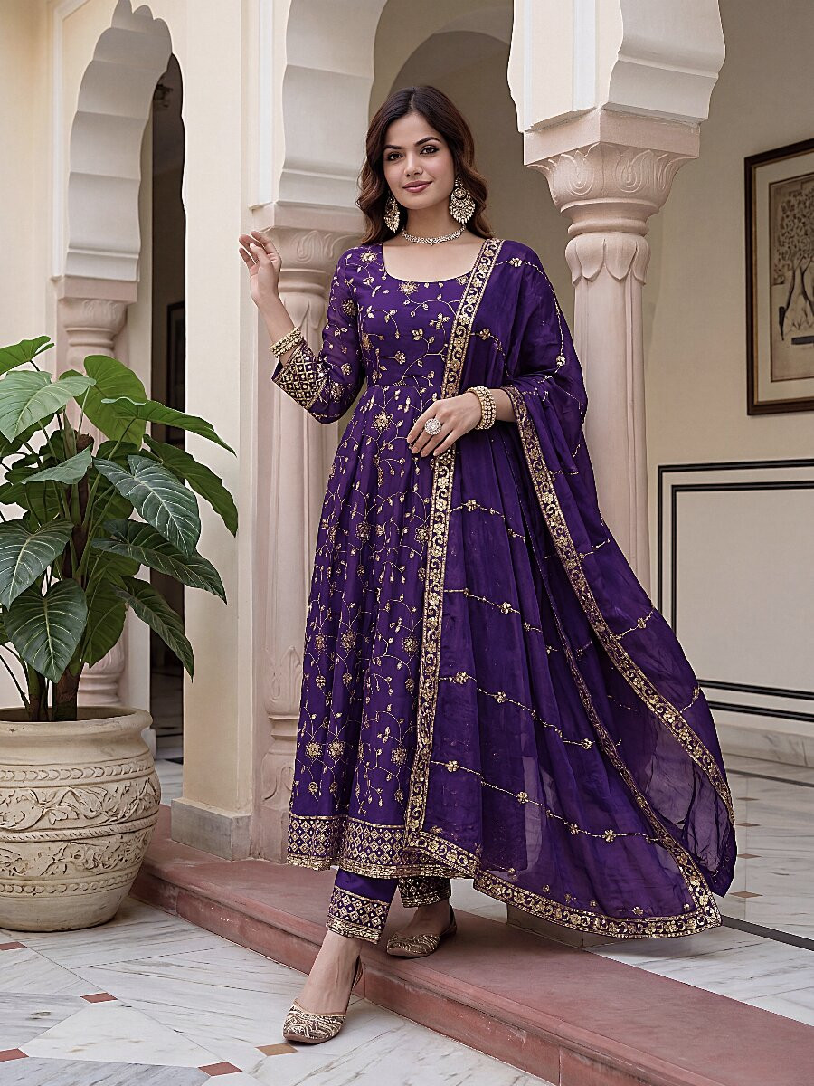 Wine Fandy Silk Embroidery Zari Sequins Lace Work Wedding Party Festival Casual Ready Anarkali Pant Salwar Kameez