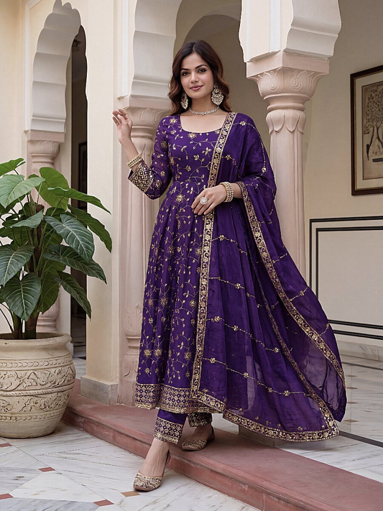 Image of Wine Fandy Silk Embroidery Zari Sequins Lace Work Wedding Party Festival Casual Ready Anarkali Pant Salwar Kameez