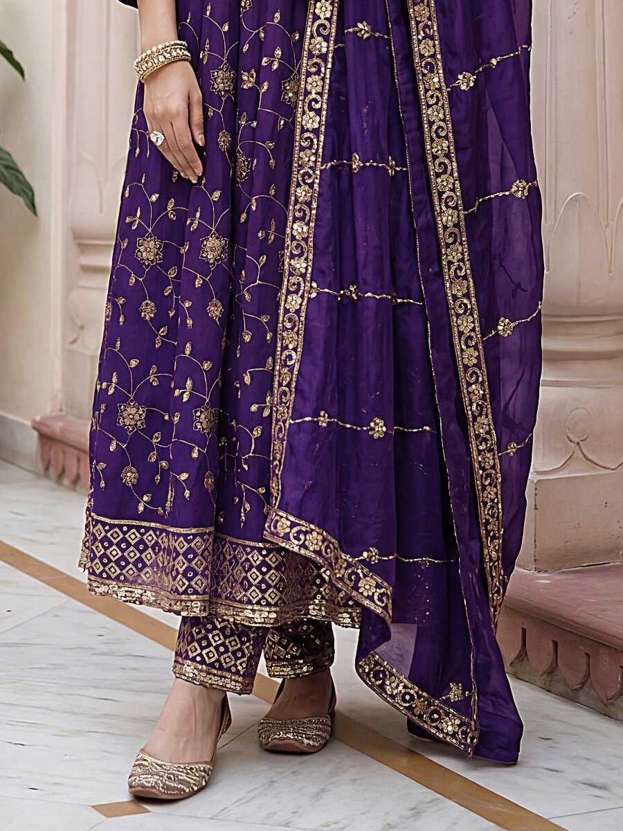 Wine Fandy Silk Embroidery Zari Sequins Lace Work Wedding Party Festival Casual Ready Anarkali Pant Salwar Kameez