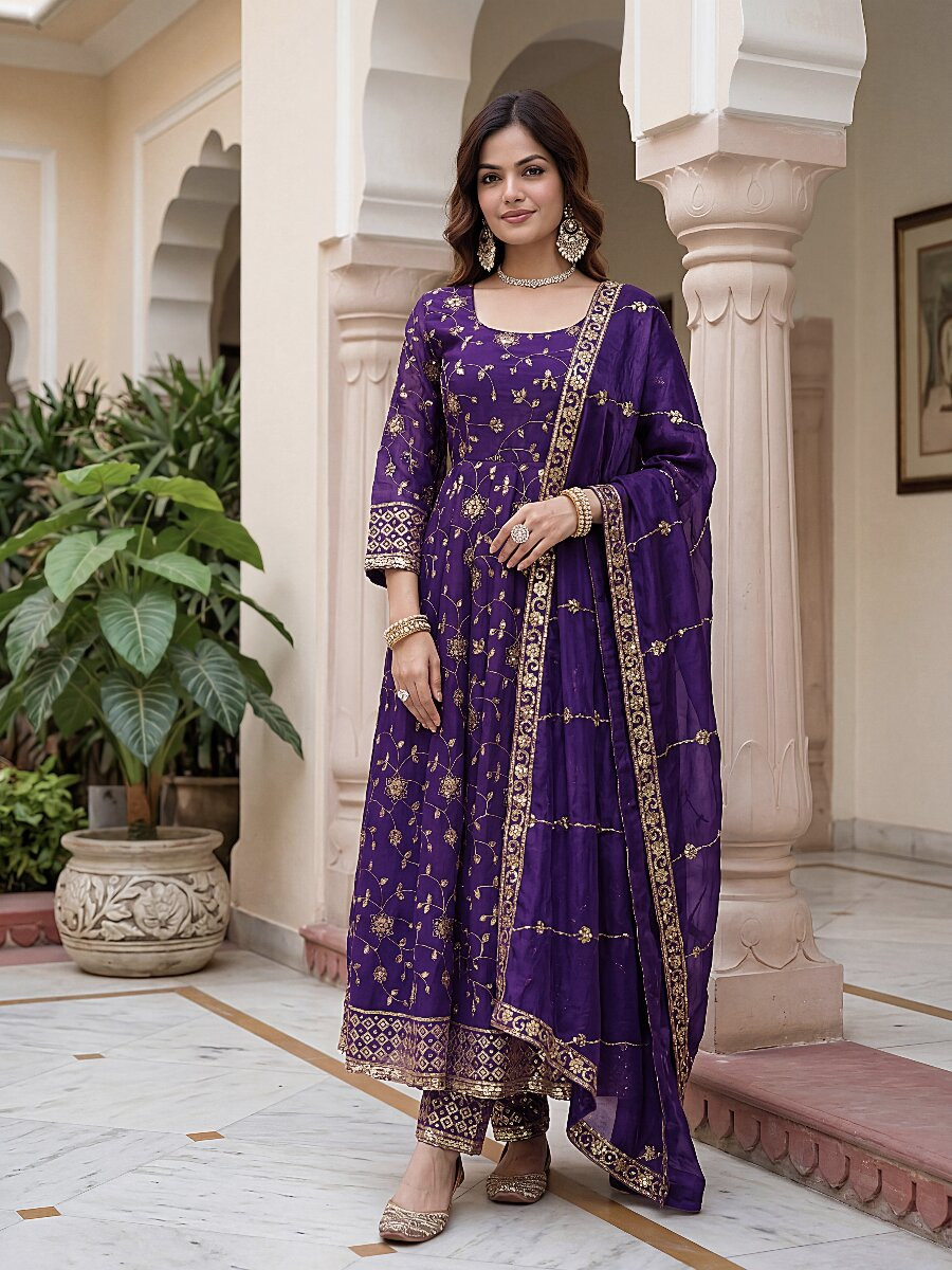 Wine Fandy Silk Embroidery Zari Sequins Lace Work Wedding Party Festival Casual Ready Anarkali Pant Salwar Kameez