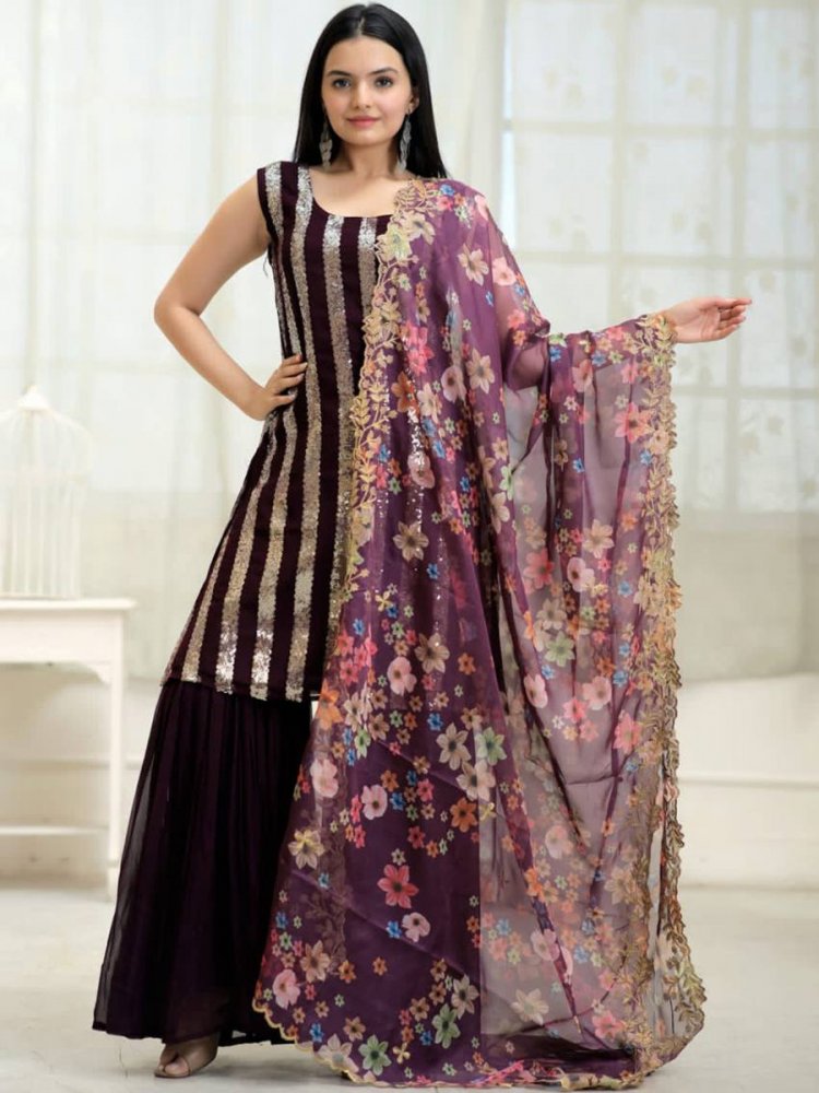 Wine Faux Blooming Embroiderd Festival Party Ready Palazzo Pant Salwar Kameez