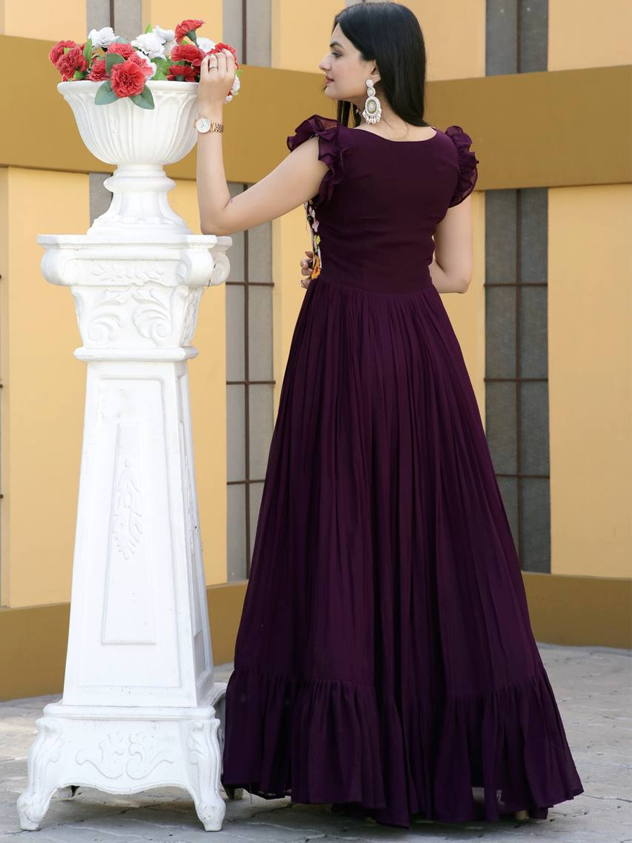 Wine Faux Blooming Embroidered Casual Party Gown