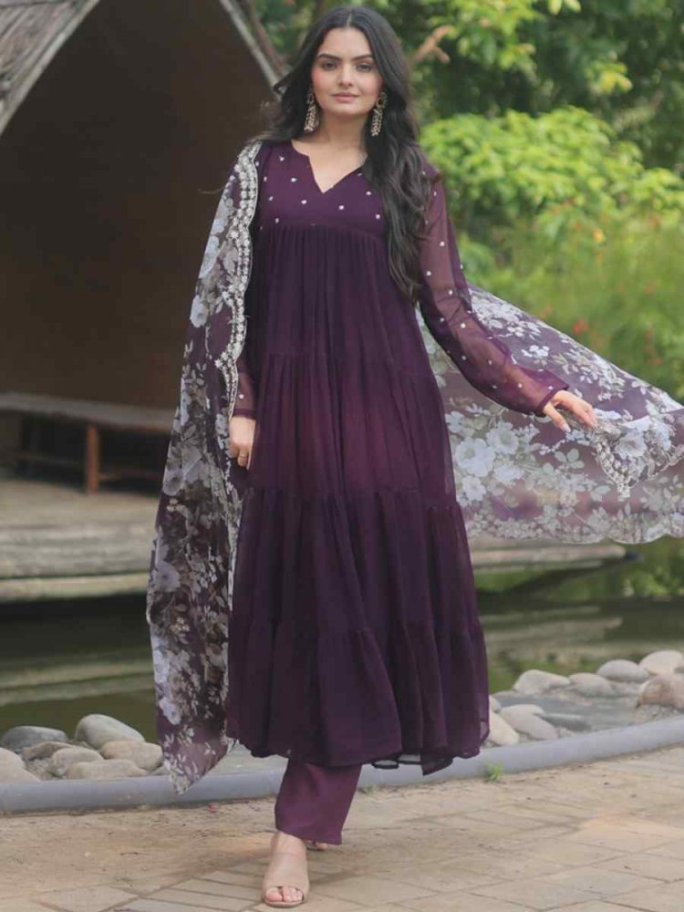Wine Faux Blooming Embroidered Festival Casual Ready Anarkali Salwar Kameez