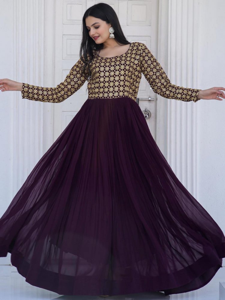 Wine Faux Blooming Embroidered Festival Party Gown