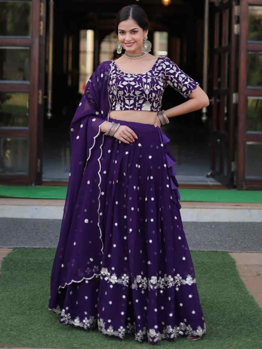 Wine Faux Blooming Georgette Embroidered Festival Wedding Circular Lehenga Choli