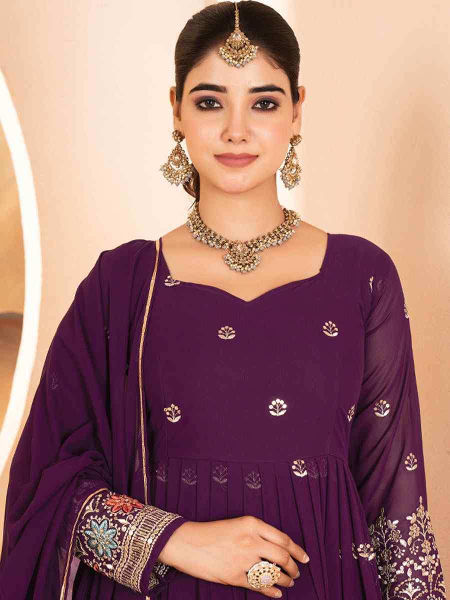 Wine Faux Blooming Georgette Embroidery Party Wedding Festival Casual Ready Anarkali Salwar Kameez