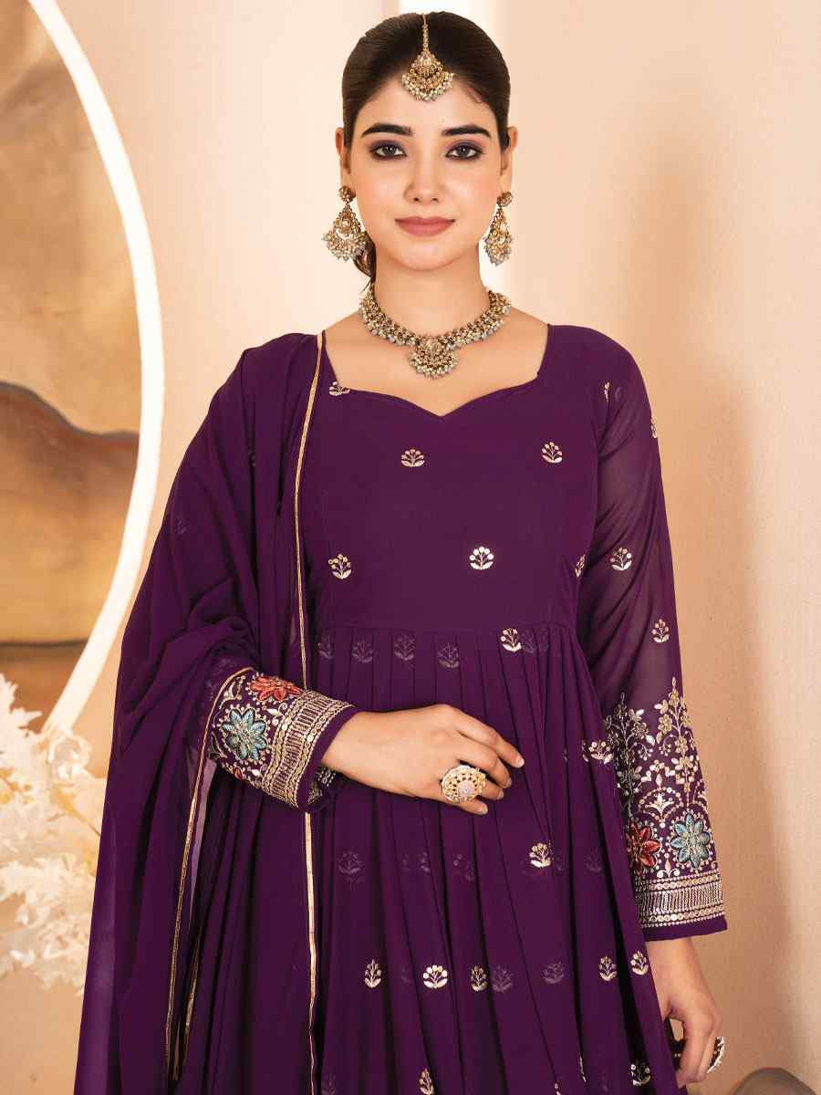 Wine Faux Blooming Georgette Embroidery Party Wedding Festival Casual Ready Anarkali Salwar Kameez