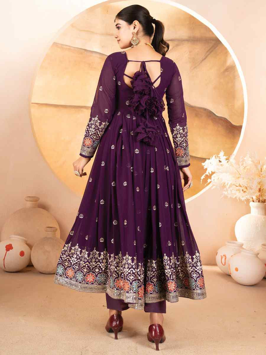 Wine Faux Blooming Georgette Embroidery Party Wedding Festival Casual Ready Anarkali Salwar Kameez