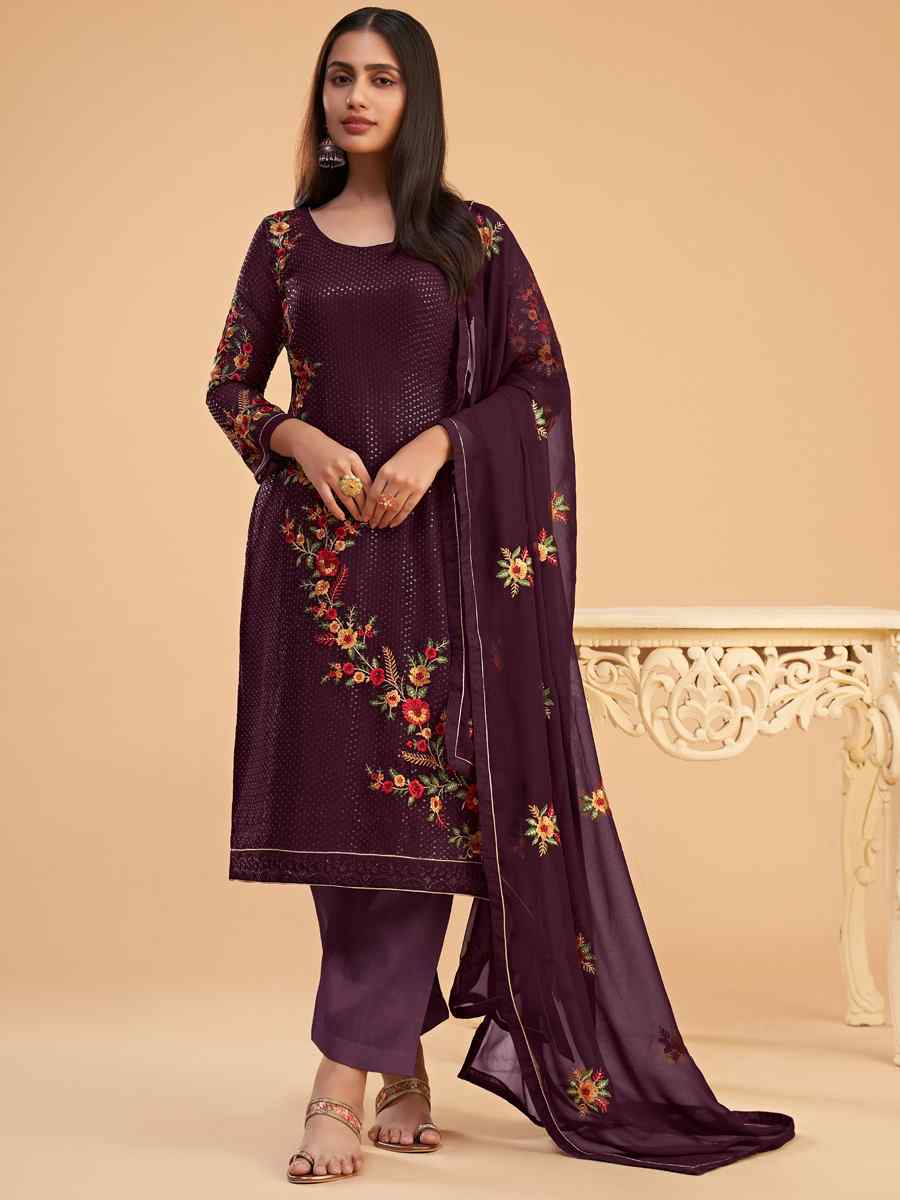 Wine Faux Georgette Embroidered Festival Casual Pant Salwar Kameez