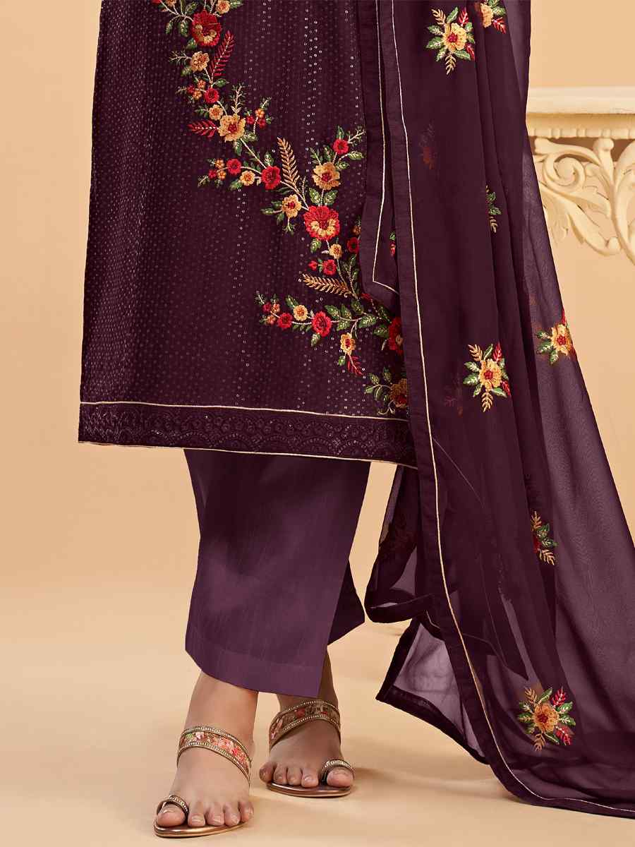 Wine Faux Georgette Embroidered Festival Casual Pant Salwar Kameez