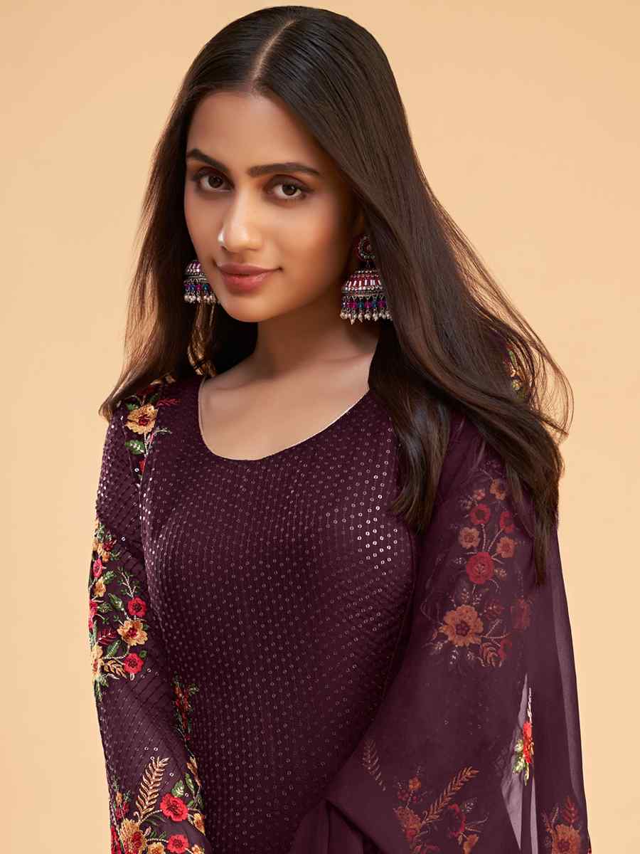 Wine Faux Georgette Embroidered Festival Casual Pant Salwar Kameez