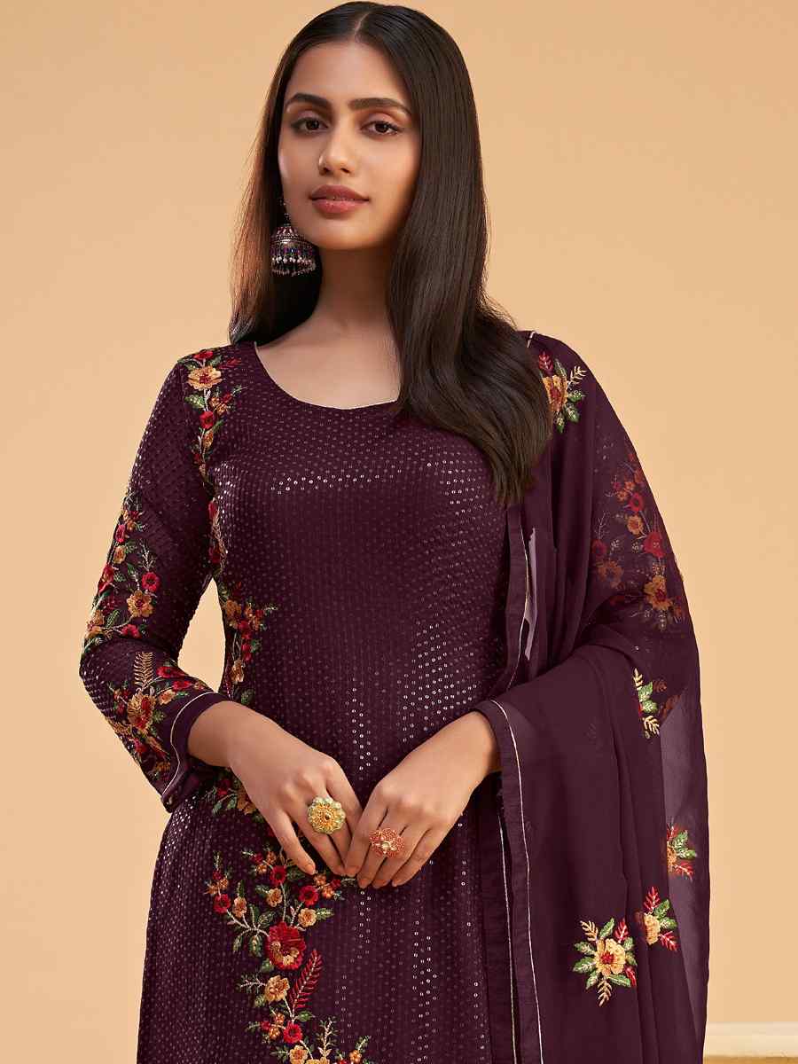 Wine Faux Georgette Embroidered Festival Casual Pant Salwar Kameez