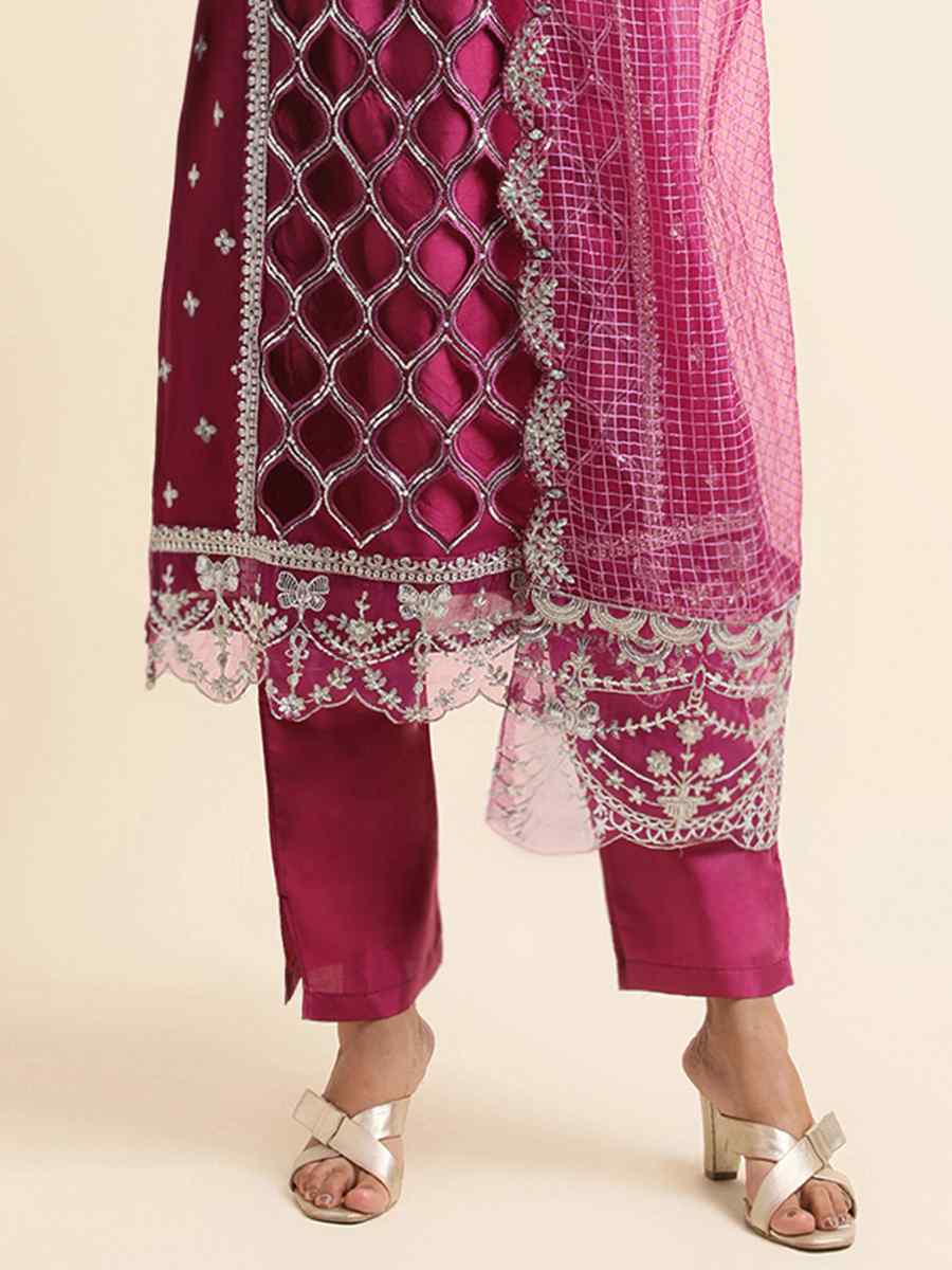 Wine Faux Georgette Embroidered Festival Party Pant Salwar Kameez