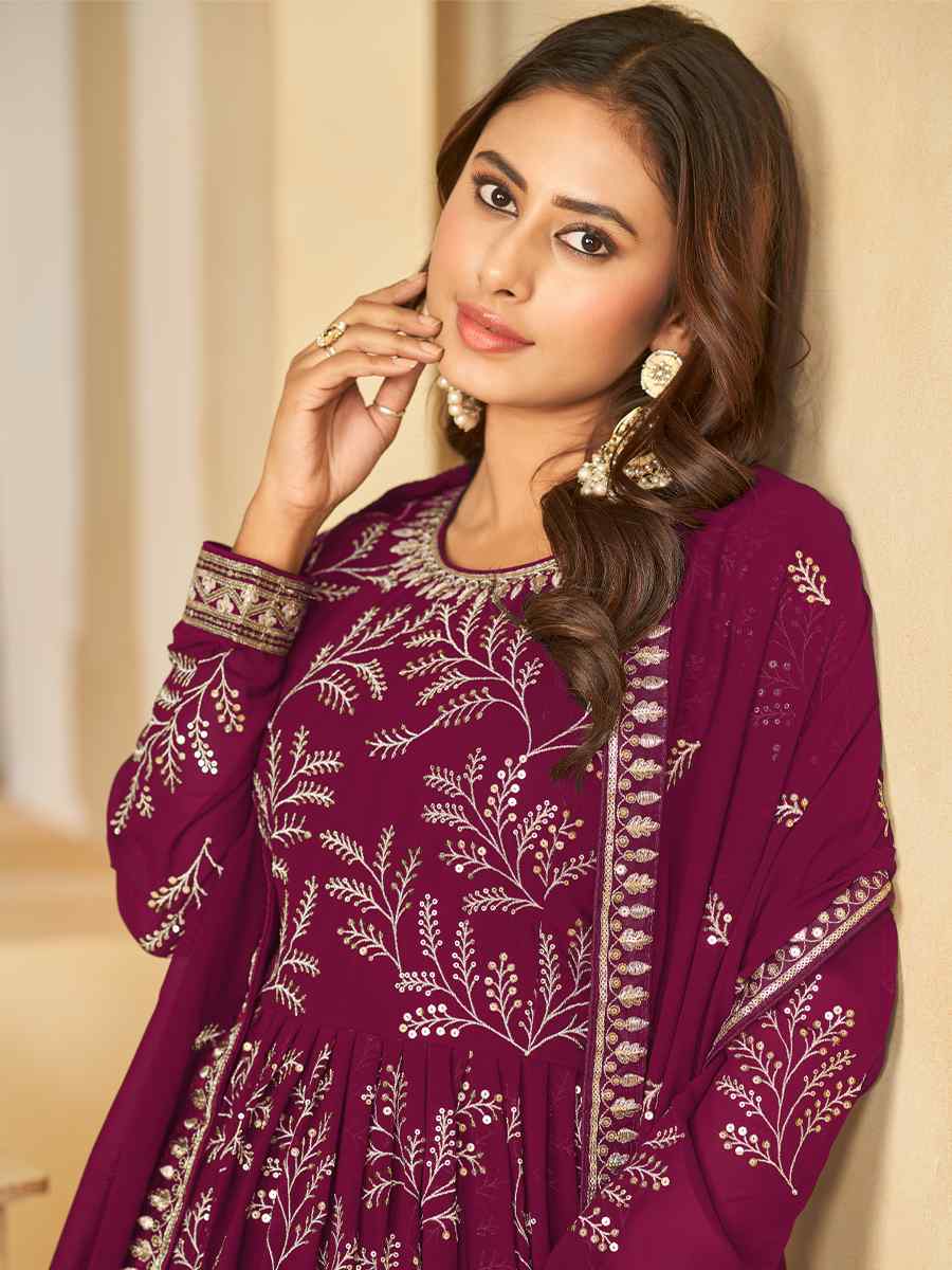 Wine Faux Georgette Embroidered Festival Wedding Anarkali Salwar Kameez