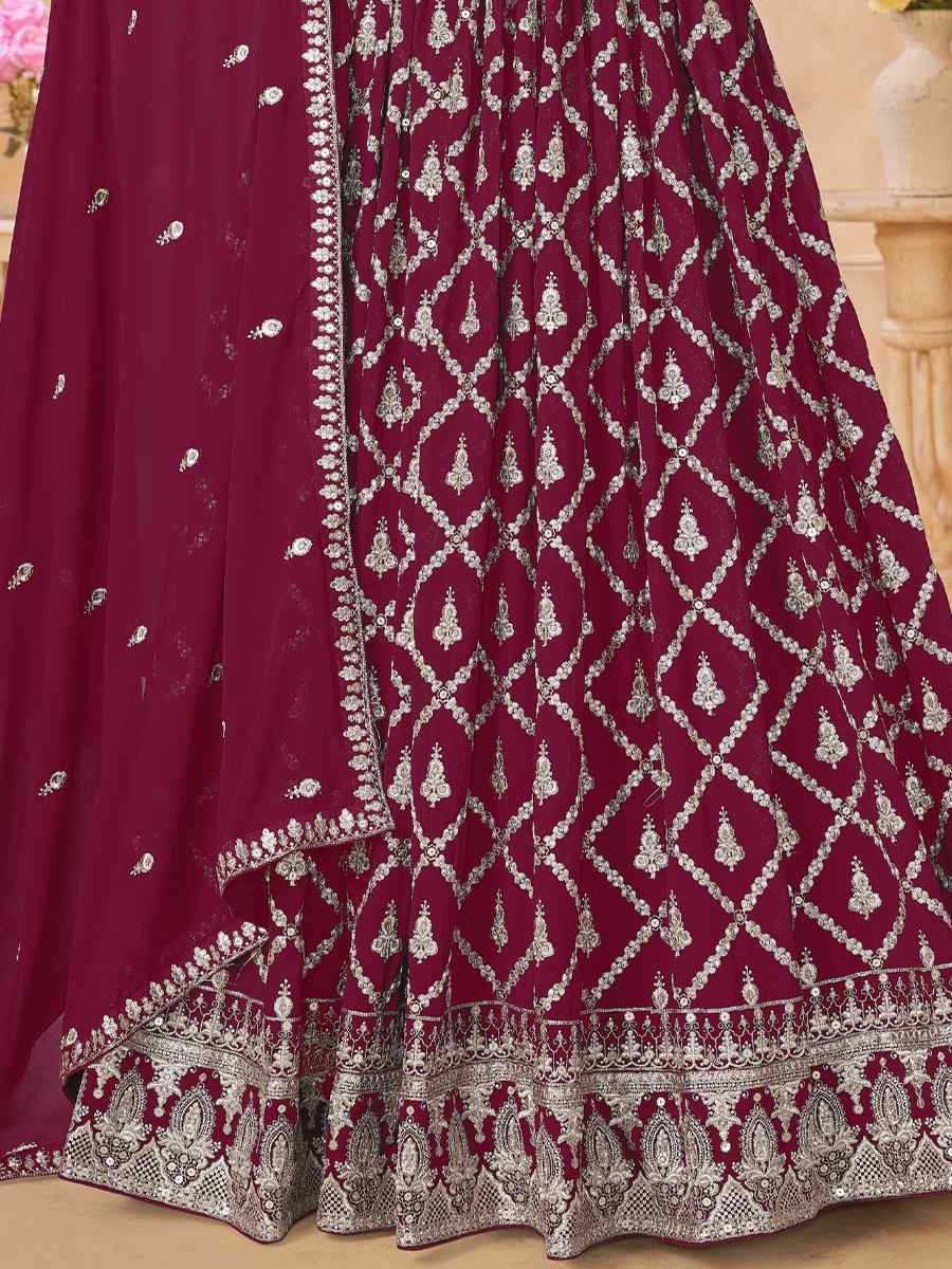 Wine Faux Georgette Embroidered Festival Wedding Anarkali Salwar Kameez