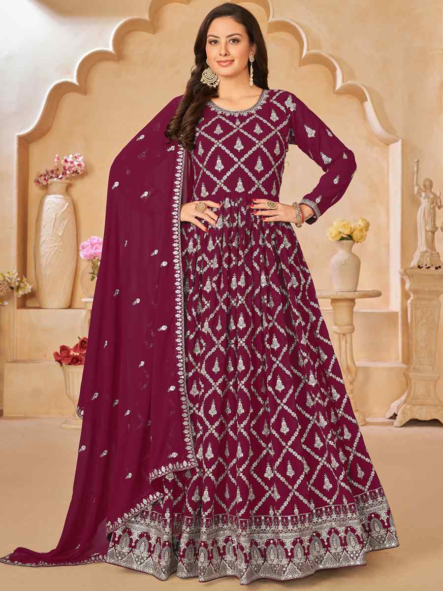 Wine Faux Georgette Embroidered Festival Wedding Anarkali Salwar Kameez