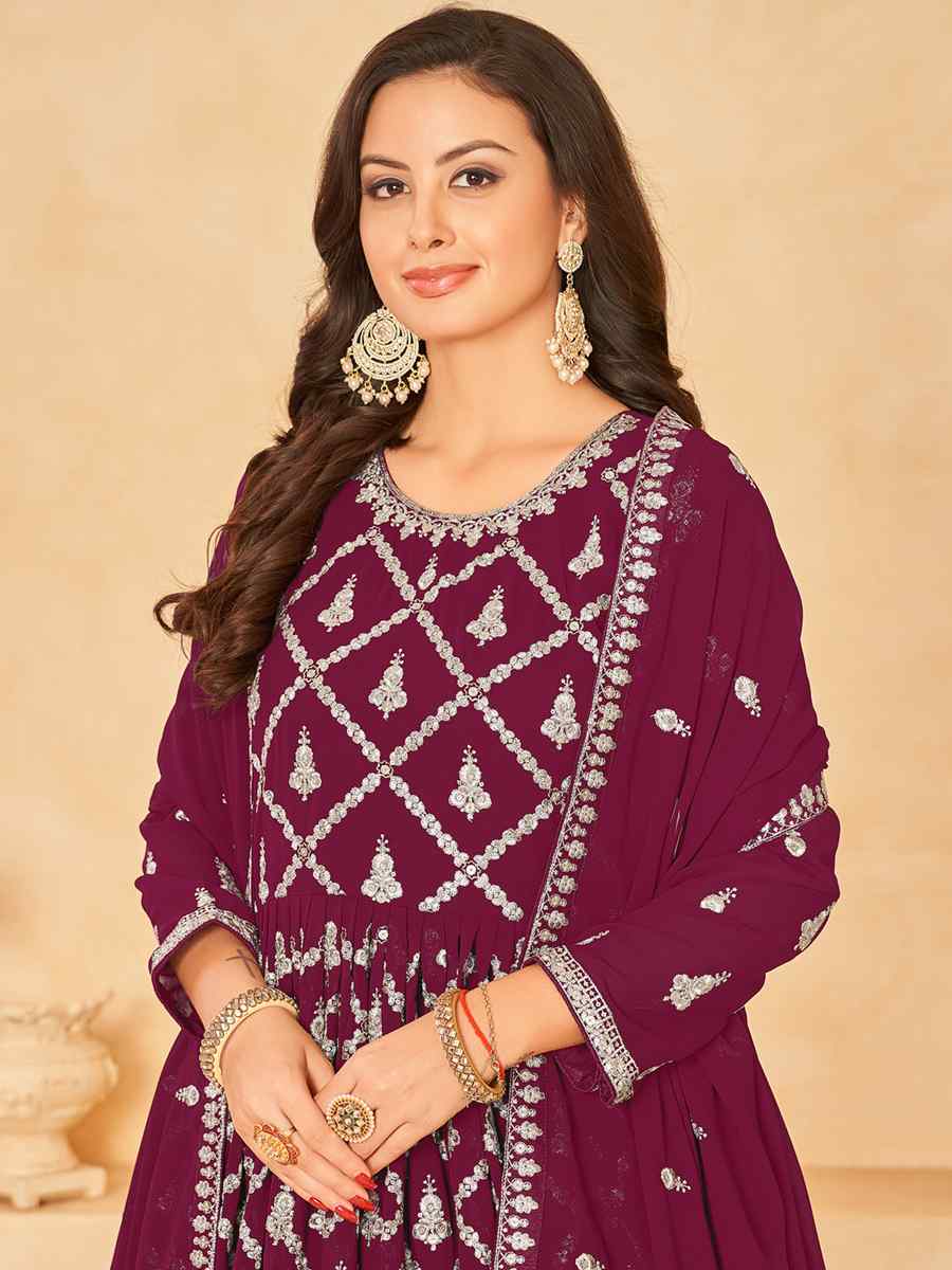 Wine Faux Georgette Embroidered Festival Wedding Anarkali Salwar Kameez