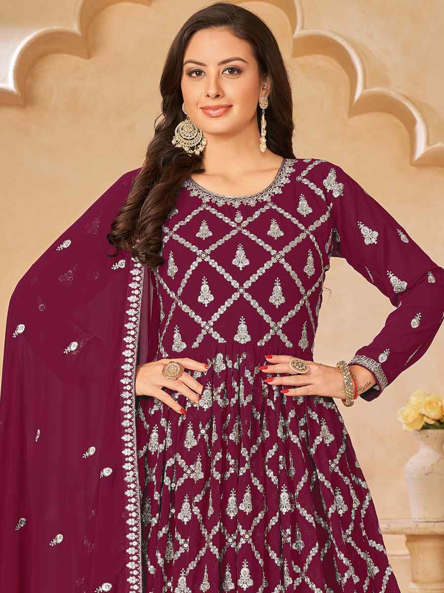 Wine Faux Georgette Embroidered Festival Wedding Anarkali Salwar Kameez