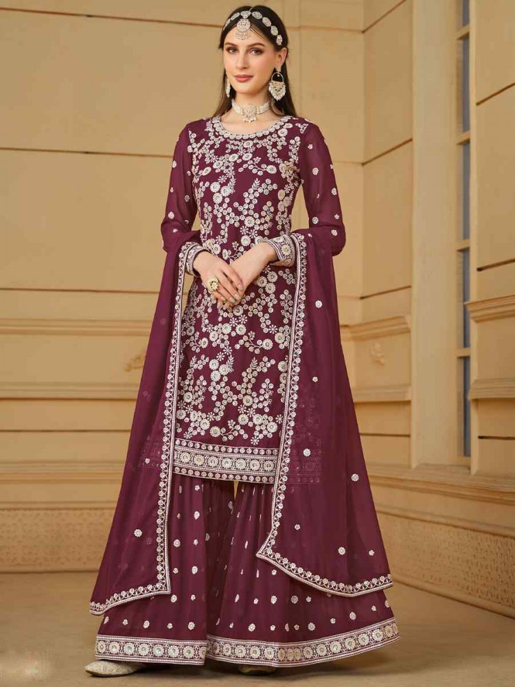 Wine Faux Georgette Embroidered Festival Wedding Palazzo Pant Salwar Kameez