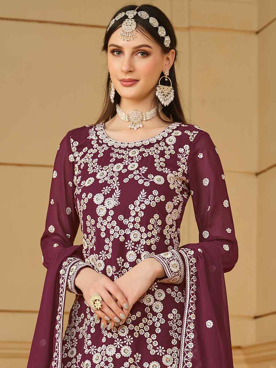 Wine Faux Georgette Embroidered Festival Wedding Palazzo Pant Salwar Kameez