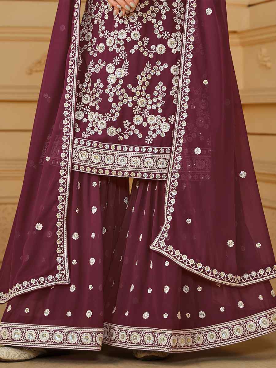 Wine Faux Georgette Embroidered Festival Wedding Palazzo Pant Salwar Kameez