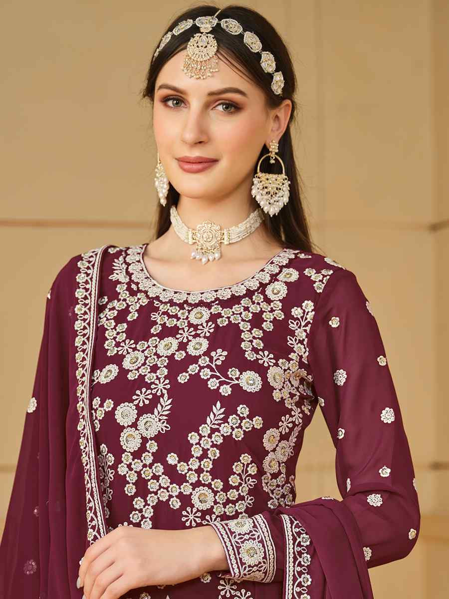 Wine Faux Georgette Embroidered Festival Wedding Palazzo Pant Salwar Kameez