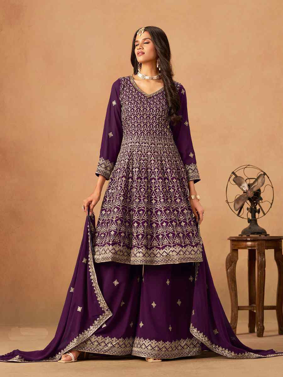 Wine Faux Georgette Embroidered Festival Wedding Palazzo Pant Salwar Kameez