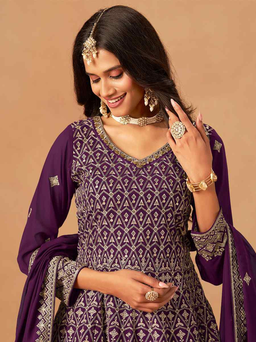 Wine Faux Georgette Embroidered Festival Wedding Palazzo Pant Salwar Kameez