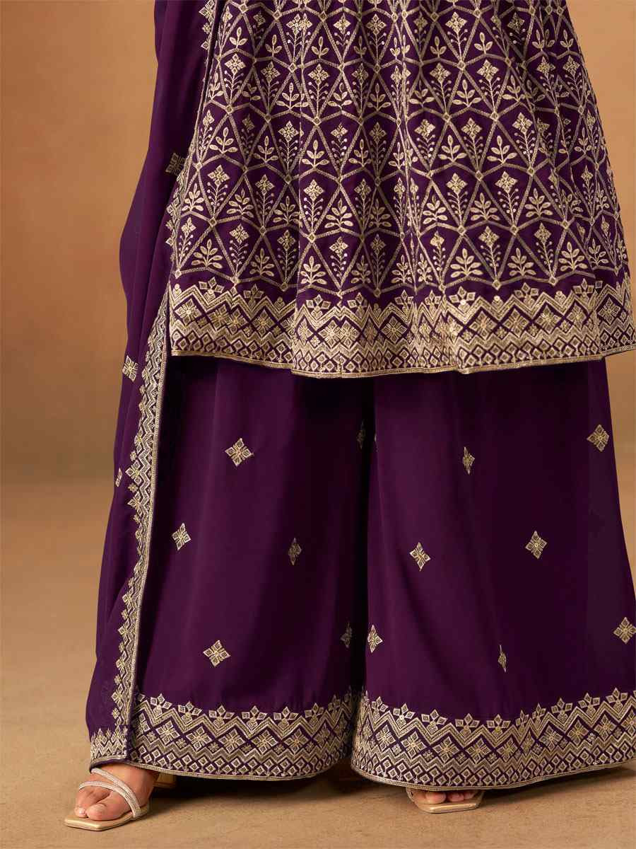 Wine Faux Georgette Embroidered Festival Wedding Palazzo Pant Salwar Kameez