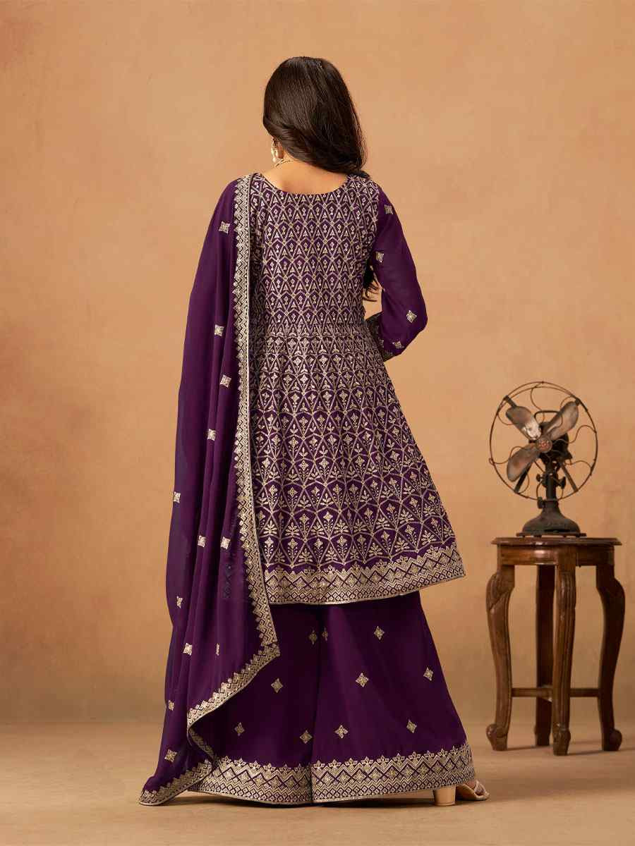 Wine Faux Georgette Embroidered Festival Wedding Palazzo Pant Salwar Kameez