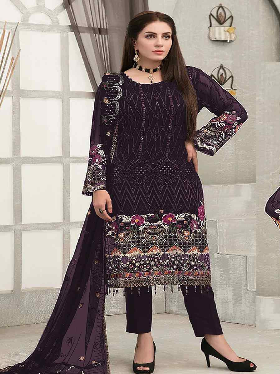 Wine Faux Georgette Embroidered Festival Wedding Pant Salwar Kameez