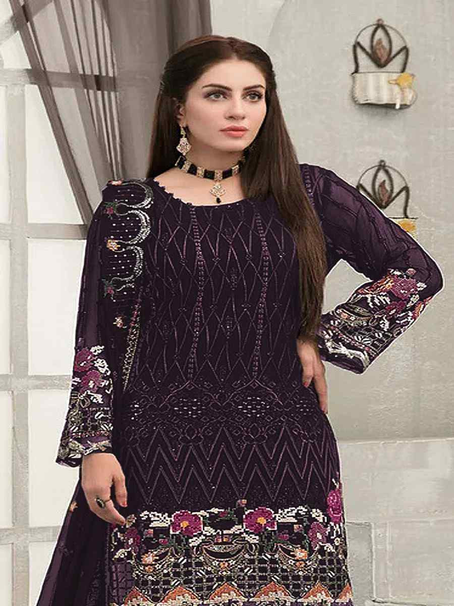 Wine Faux Georgette Embroidered Festival Wedding Pant Salwar Kameez