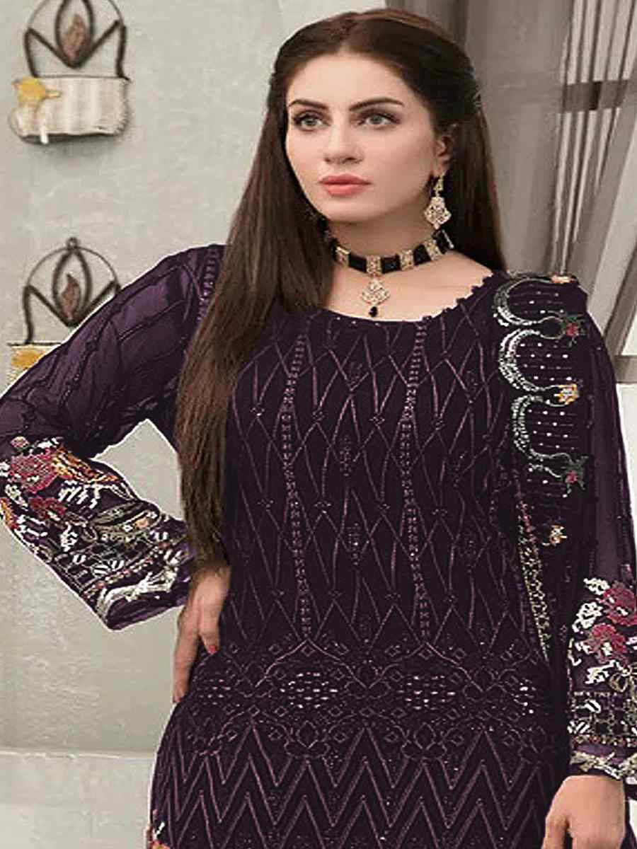 Wine Faux Georgette Embroidered Festival Wedding Pant Salwar Kameez