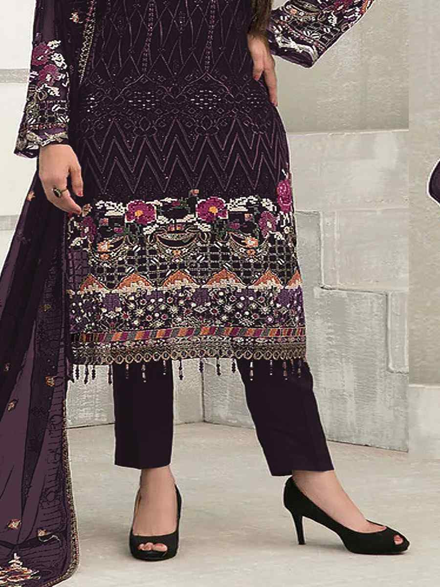 Wine Faux Georgette Embroidered Festival Wedding Pant Salwar Kameez
