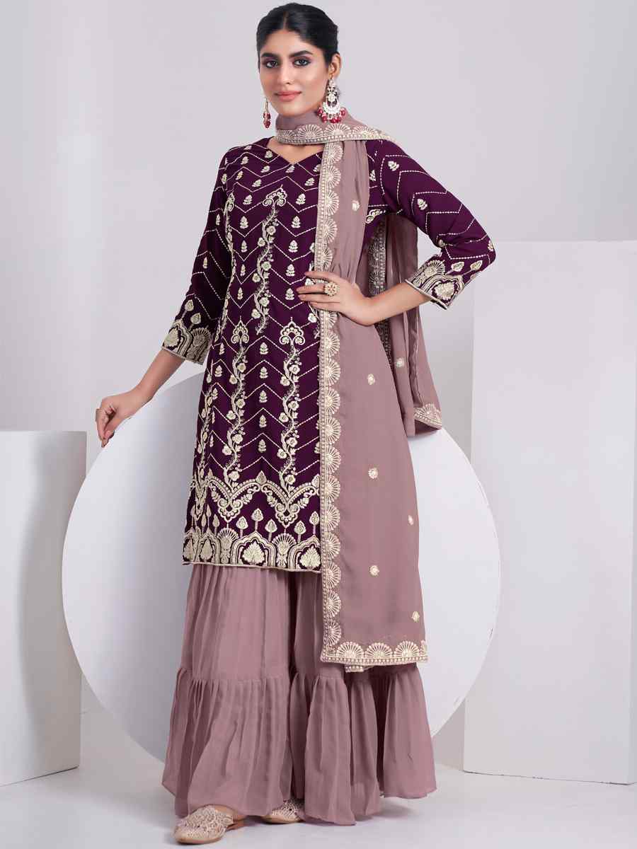 Wine Faux Georgette Embroidered Festival Wedding Sharara Pant Salwar Kameez
