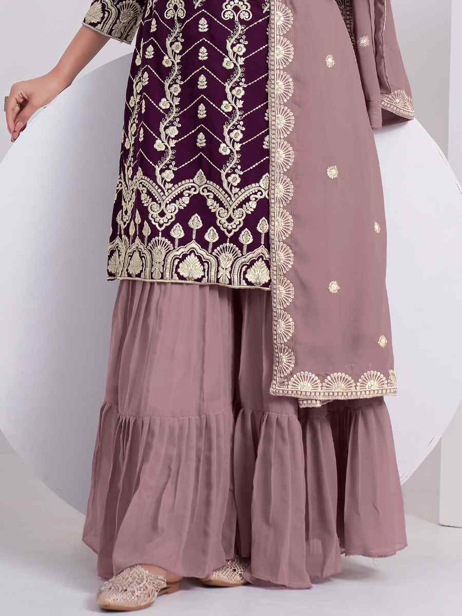 Wine Faux Georgette Embroidered Festival Wedding Sharara Pant Salwar Kameez