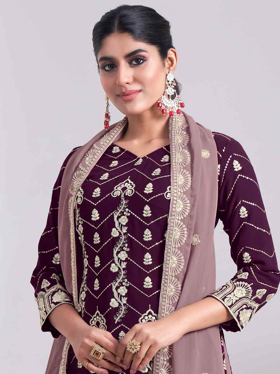 Wine Faux Georgette Embroidered Festival Wedding Sharara Pant Salwar Kameez